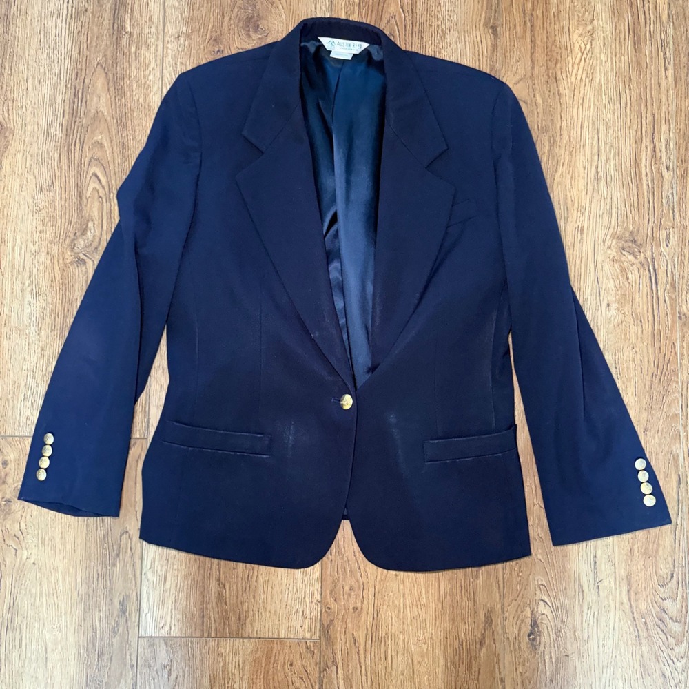 Austin Reed Womens Navy Blue 100% Worsted Wool‎ Blazer Gold Crest Button Size 12
